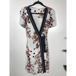Anthropologie Maeve Aubrey White Black Pink Floral Wrap Short Dress 2 Vacation
